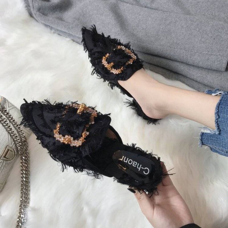 毛毛拖鞋女外穿时尚尖头半拖2019网红同款韩版水钻方扣包头拖鞋|msdalam kategori Kasut wanita, selipar - dari Buy2taobao.com untuk memberikan perkhidmatan ejen Taobao profesional membeli