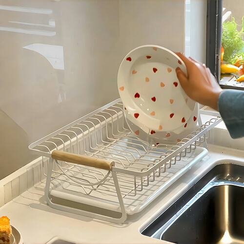 Wood handle dish storage rack 厨房木柄碗碟架水槽餐具沥水收纳