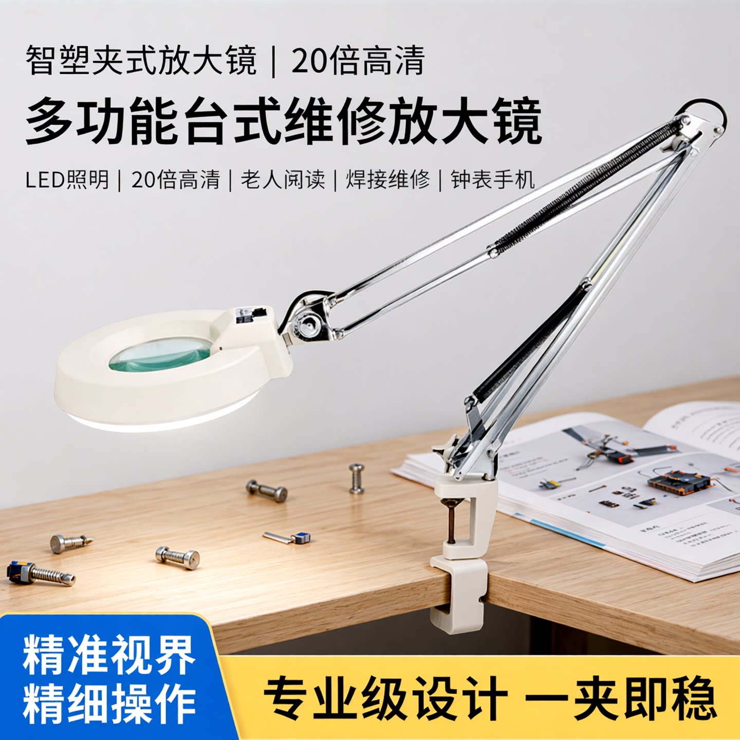 智塑夹式放大镜带LED灯20倍老人阅读台灯夹台式维修放大镜台灯电子阅读10倍放大镜桌上钟表手机维修焊接