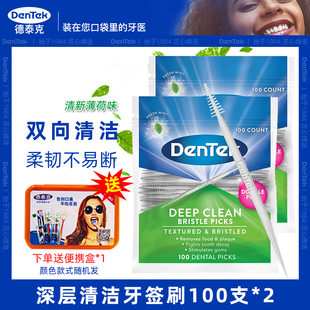 美国Dentek德泰克牙签刷送便携盒 家用一次性牙线棒双头细剔牙签