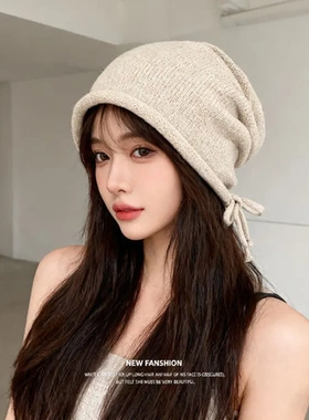 显脸小堆堆帽时尚百搭女针织毛线帽子抽绳大头围睡帽宽松卷边遮脸