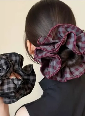 格子百搭发绳低炸头绳紫色发圈同款女马尾双层头发大肠赵露思头花