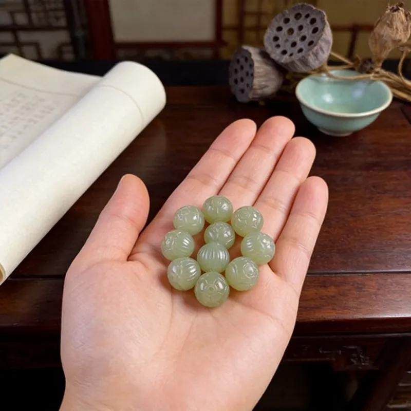 晴水色12mm和田玉配饰散珠玉石天然珠子配件DIY莲花珠青白玉手链