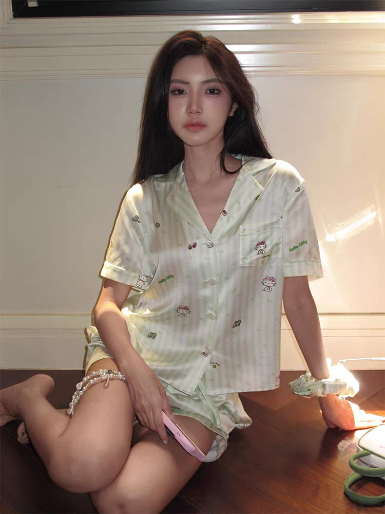 小众轻奢 冰丝睡衣套装女短袖短裤卡通kitty猫印花少女心家居服夏