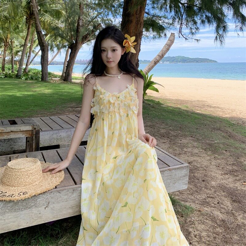 海边度假黄色印花吊带连衣裙女2连衣裙