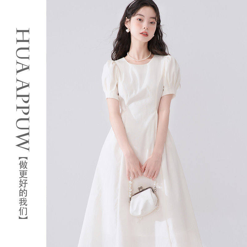 画朴法式白色泡泡袖高级感圆领收腰连衣裙女装2024春夏季新款长裙