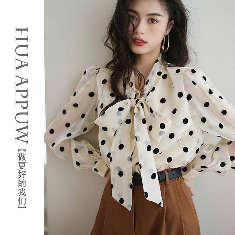 画朴蝴蝶结围巾领波点衬衫女装2024春季新款时髦洋气减龄气质上衣