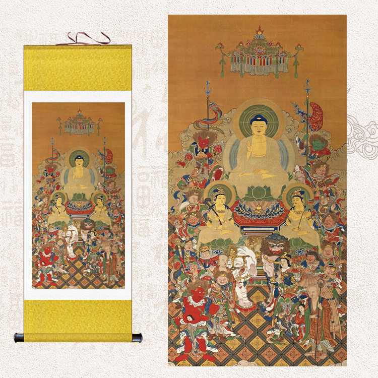 释迦三尊十六善神图全堂佛菩萨佛像画挂画如来文殊普贤佛祖卷轴画