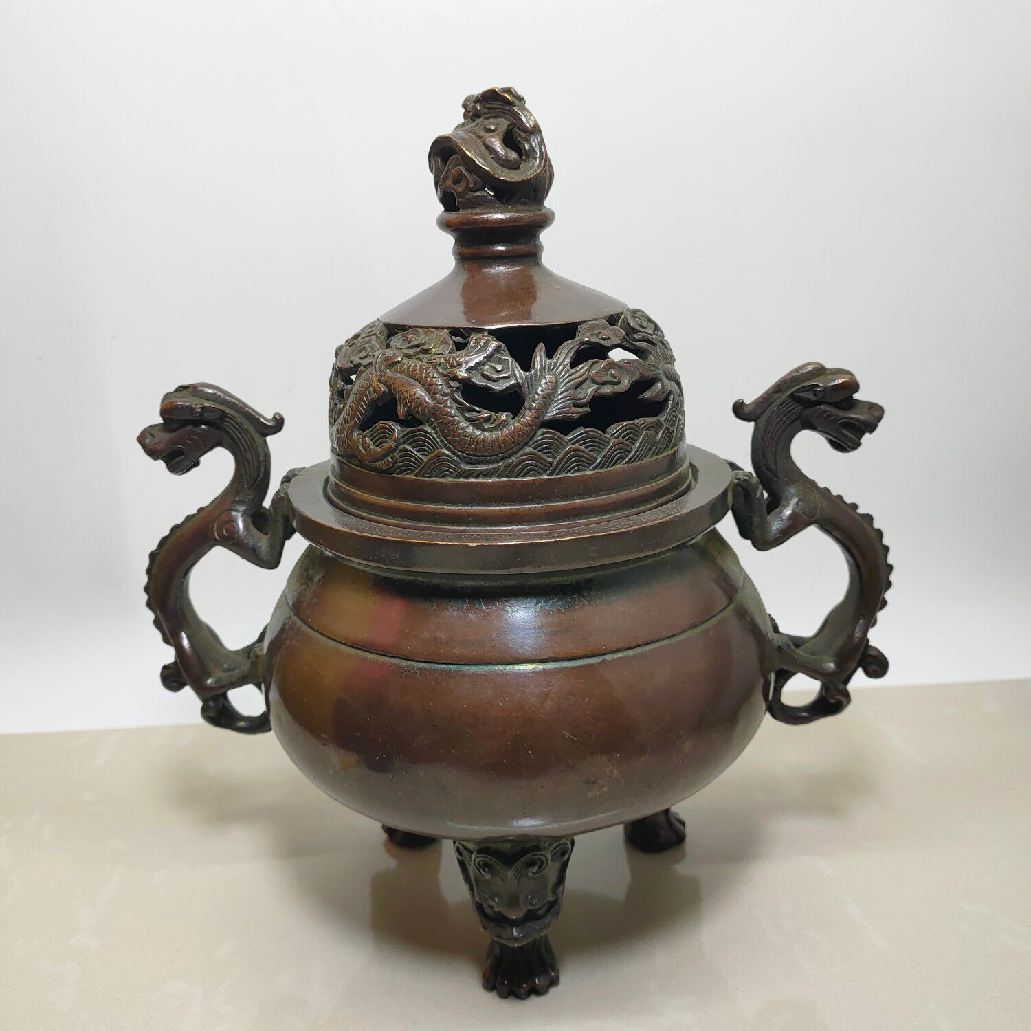 古玩铜器收藏 黄铜仿紫铜 复古工艺龙耳炉 熏炉 家居装饰创意礼品