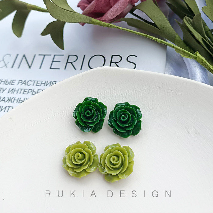 rukia牛油果绿蔷薇925银耳钉清新森系初春深绿草绿色玫瑰复古耳夹