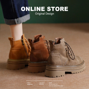 6cm 真皮透气内增高大黄靴户外加绒复古短靴 厚底马丁靴女2026新款