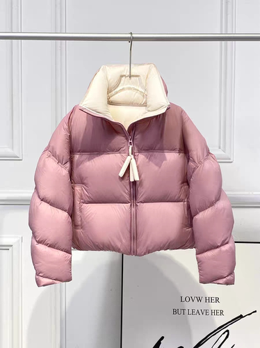 冬新款超短羽绒服女立领拉链挂坠宽松加厚撞色面包外套Amo2365