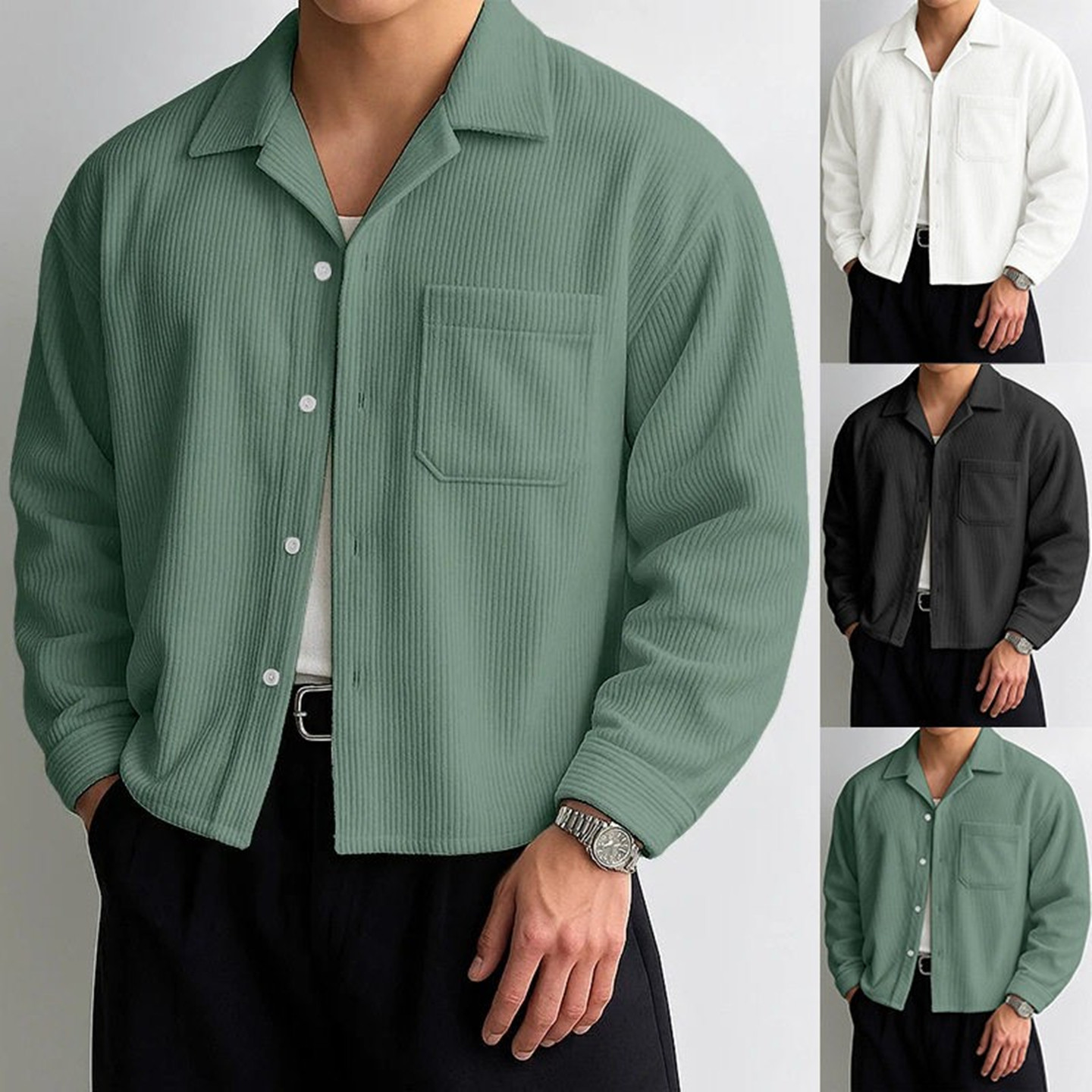 2026秋冬男士短款灯芯绒条纹衬衫宽松休闲叠穿上衣外套Men shirt