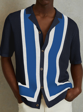 2025夏季欧美男装条纹撞色上衣翻领短袖镂空透气Polo衫Men Shirts