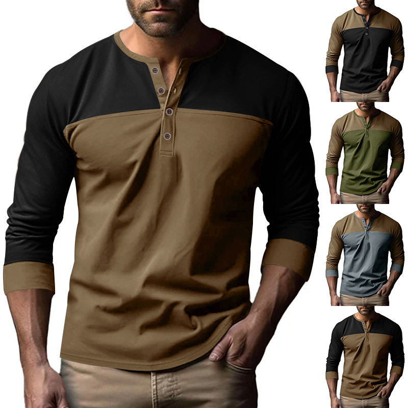 2026秋季新款美式复古长袖拼色亨利领打底衫休闲T恤男Men T-shirt