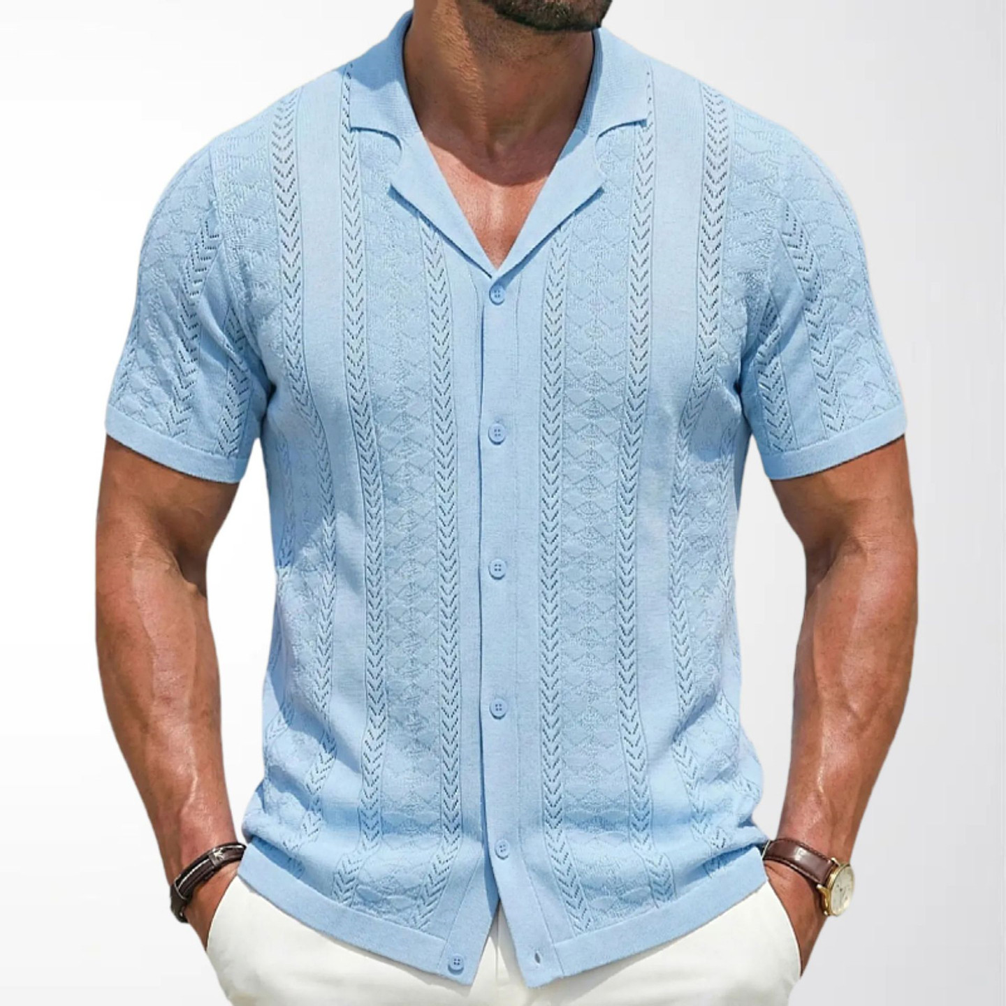 2026夏季外贸男装条纹镂空针织polo衫纯色休闲短袖T恤Men T-shirt