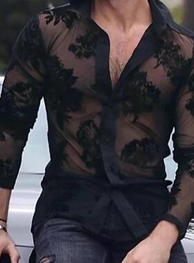 2025春欧美男士透气蕾丝长袖网眼衬衫性感透视表演衬衣Men shirts