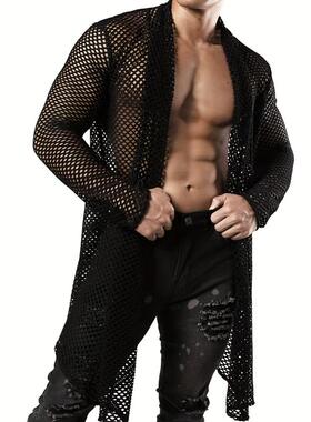 2025欧美男士长袖衬衫中长款网眼镂空性感透视开衫上衣Men shirts