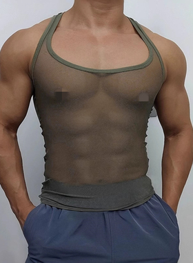 2025夏季男士薄款网纱性感透视紧身背心健身透气无袖上衣Men vest