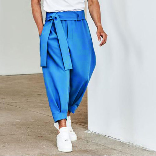 2026秋季欧美男士宽松纯色九分裤腰带装饰束脚休闲裤Men trousers
