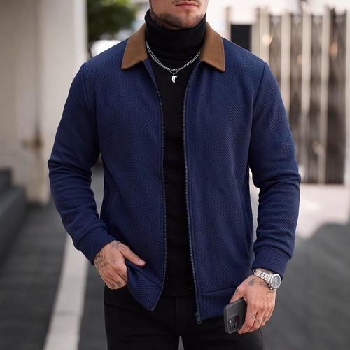 2026秋美式复古拼色夹克男华夫格休闲外套通勤百搭上衣Men jacket