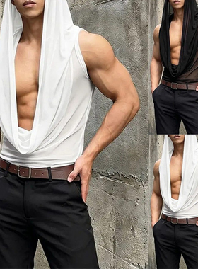 2026夏欧美男士垂坠深V背心网纱性感透视夜店表演上衣Men's vest