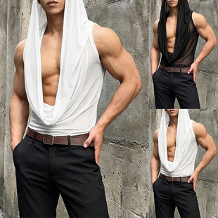 2026夏欧美男士垂坠深V背心网纱性感透视夜店表演上衣Men's vest