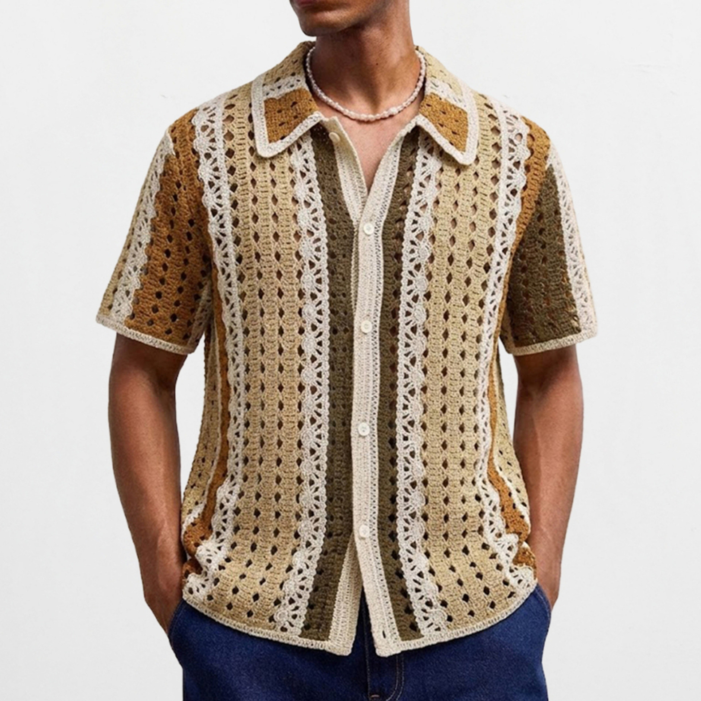 2026春夏欧美男装拼色钩花针织短袖polo衫镂空开衫衬衣Men shirts