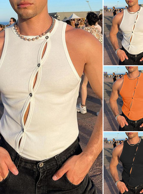 2025夏季男士个性镂空运动背心弹力修身性感打底上衣潮Men's vest