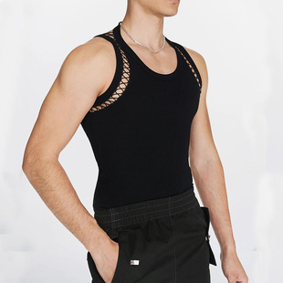 百搭打底上衣Men 镂空圆领弹力背心男欧美痞帅风修身 vest 个性 夏季