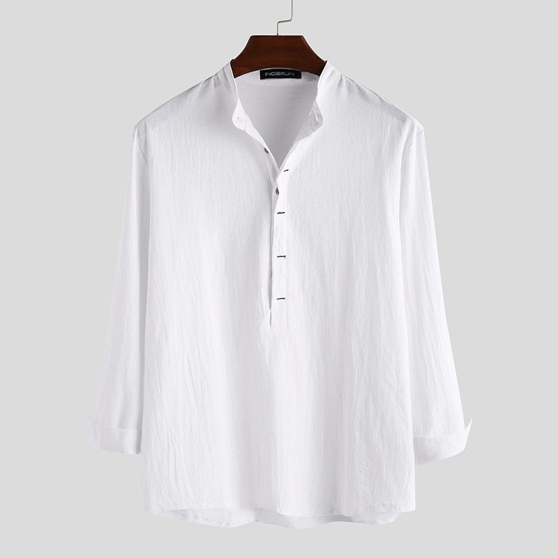 2026春秋欧美纯色简约立领套头宽松休闲棉麻长袖衬衣男Men shirts