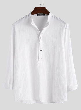 2025春秋欧美纯色简约立领套头宽松休闲棉麻长袖衬衣男Men shirts