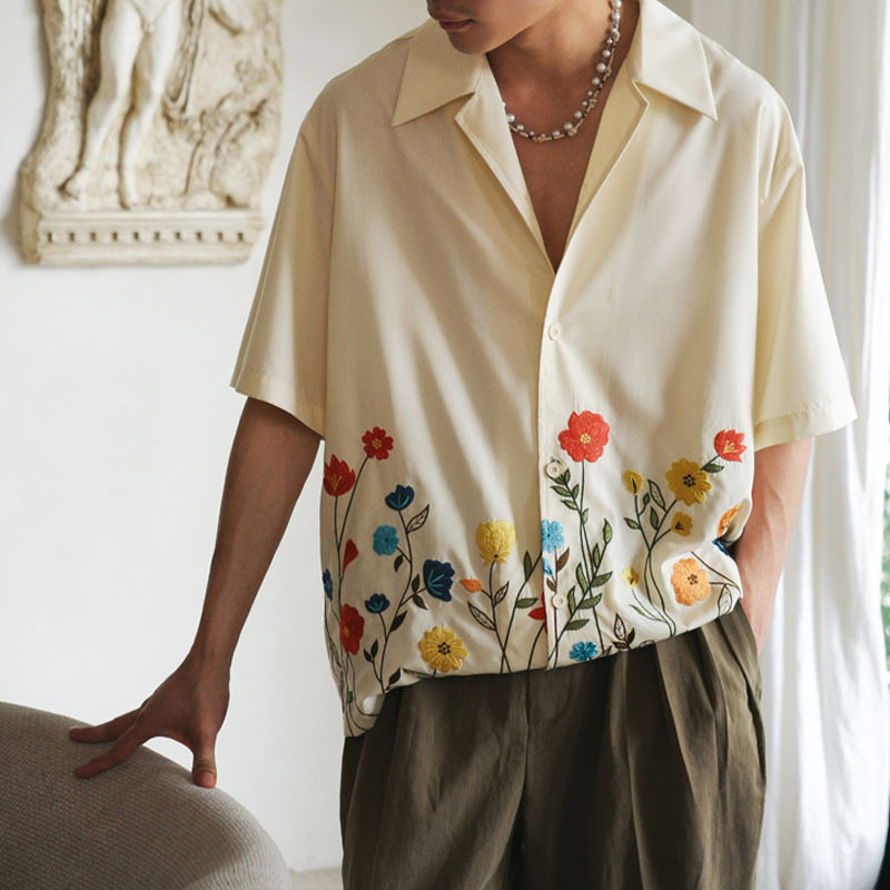 2026夏季港风宽松休闲印花短袖衬衣男大码复古翻领衬衫Men shirts