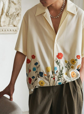 2025夏季港风宽松休闲印花短袖衬衣男大码复古翻领衬衫Men shirts