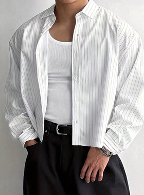 2026秋季外贸男装条纹衬衣宽松休闲撞色短款长袖衬衫Men's shirt