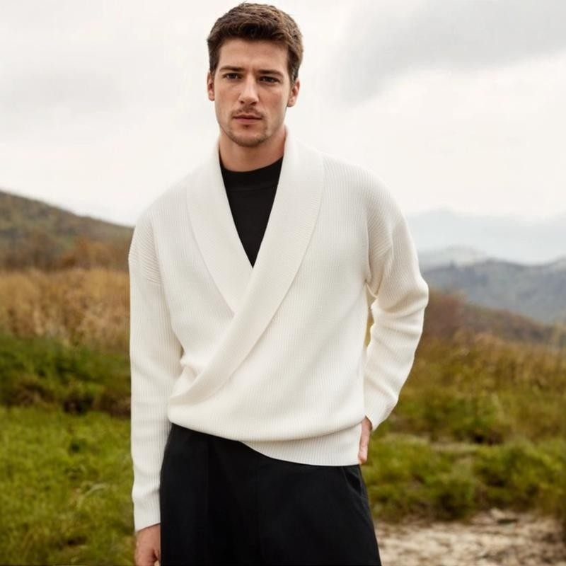 2026秋冬纯色V领垂感毛衣男宽松休闲慵懒风针织衫外套Men sweater