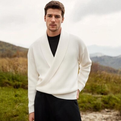 2026秋冬纯色V领垂感毛衣男宽松休闲慵懒风针织衫外套Men sweater