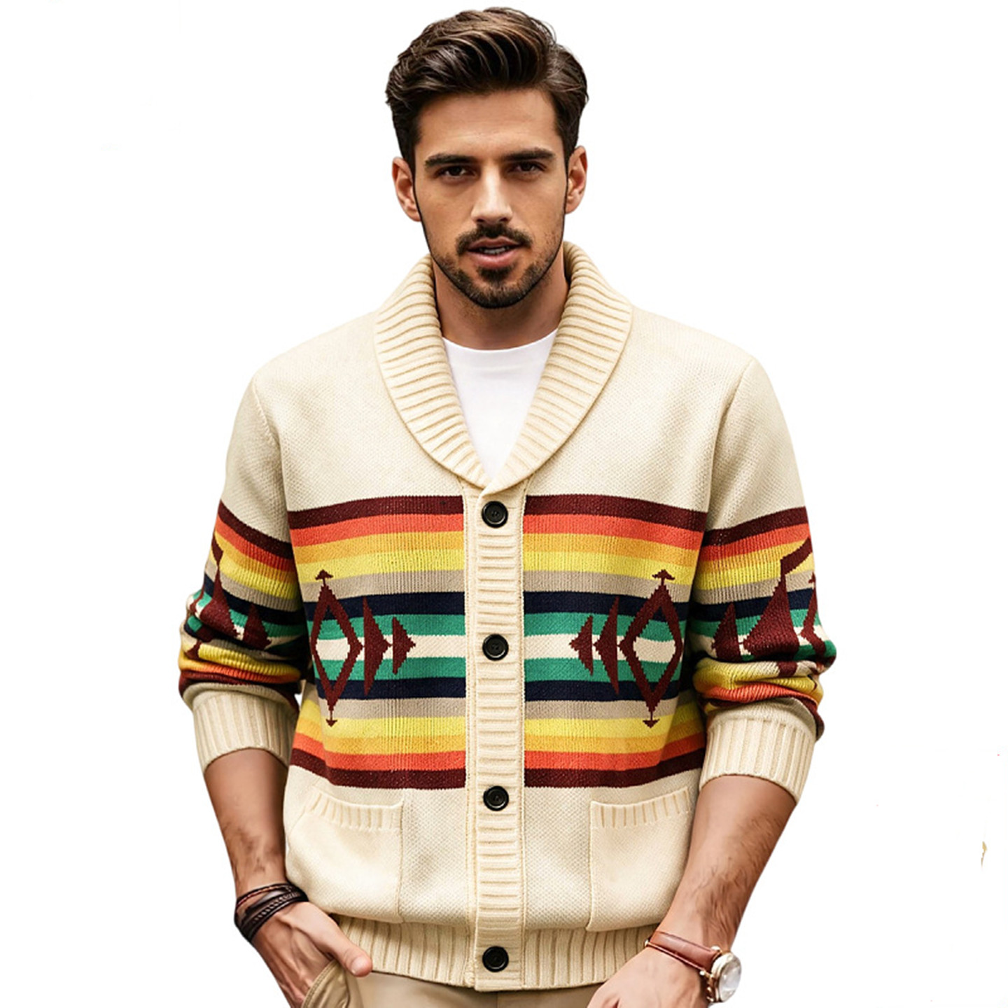 2026冬美式复古翻领针织开衫毛衣男民族风休闲外套Men's knitwear