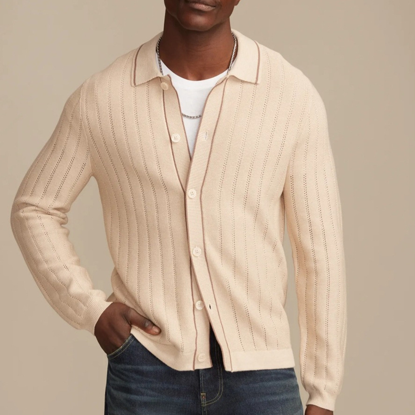 2026春秋新款长袖镂空针织衫衬衣男薄款拼色polo外套Men's shirts