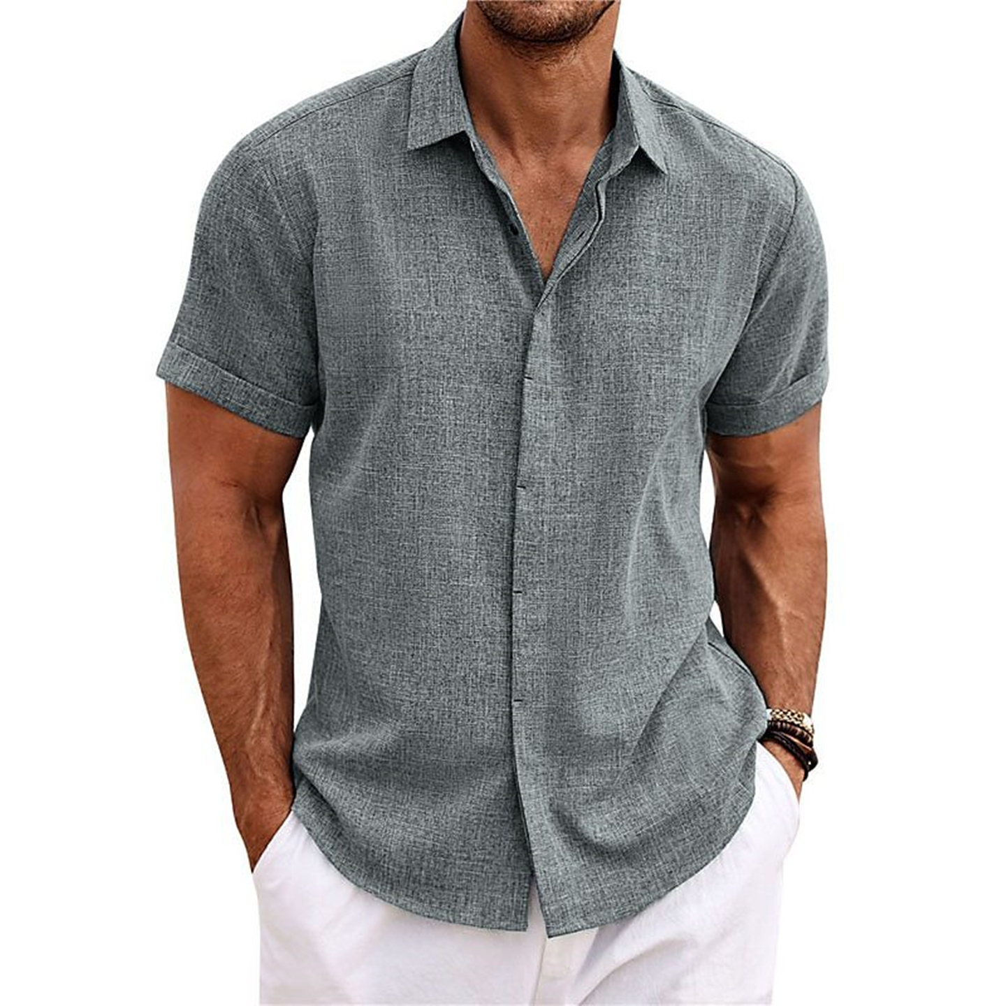 Men's shirts2025夏季外贸男士纯色短袖衬衣大码宽松休闲暗扣衬衫