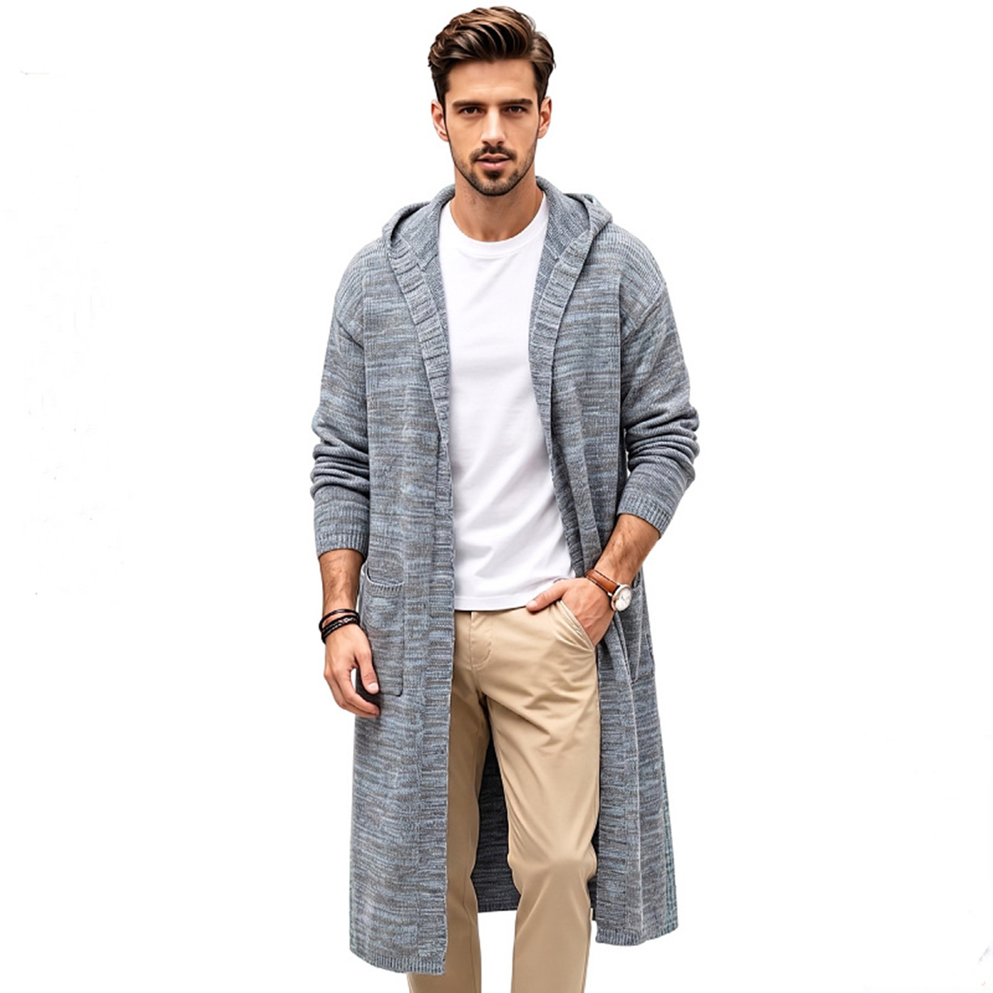 2026秋冬薄款针织衫男长款连帽衫开衫毛衣外套Men's knitted coat图片