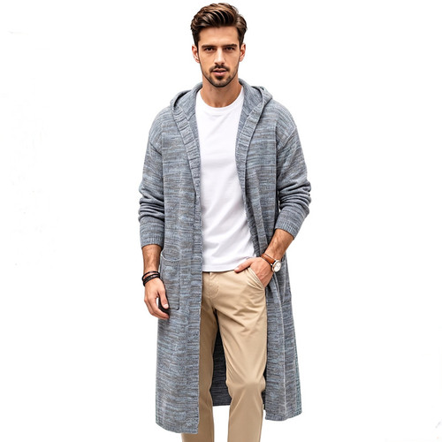 2026秋冬薄款针织衫男长款连帽衫开衫毛衣外套Men's knitted coat