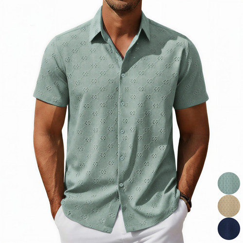 2026春夏欧美男士性感镂空提花衬衫休闲翻领短袖衬衣Men's shirts