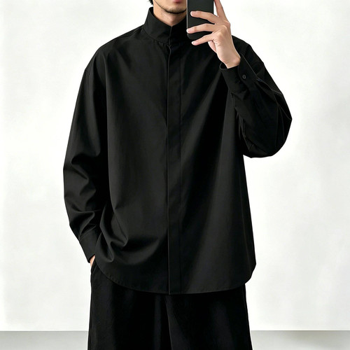 Men's shirt2026秋欧美男士黑色立领长袖衬衣男宽松休闲垂感衬衫