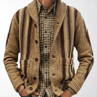 Men knitted jacket欧美复古男装秋冬休闲翻领开衫提花针织衫外套