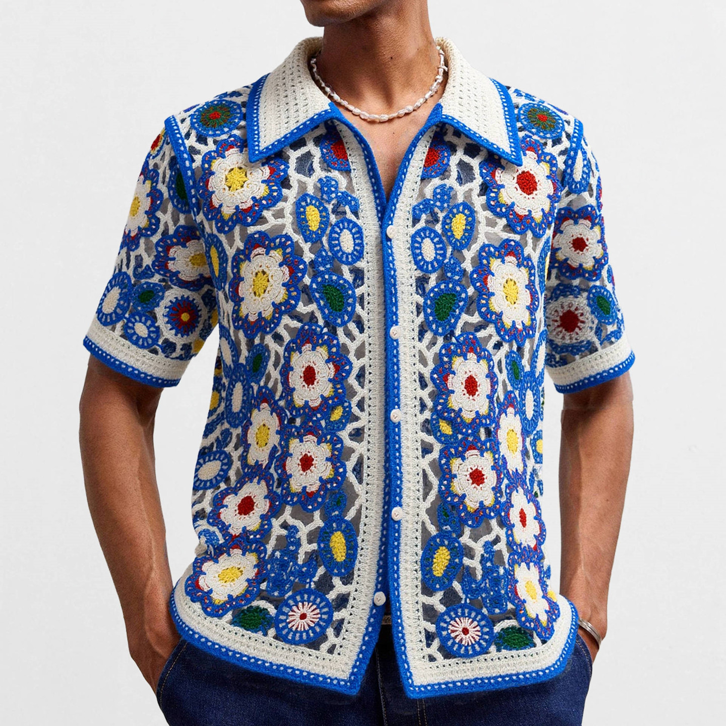 2026夏外贸男士民族风钩花短袖衬衣大码镂空透视衬衫Men's shirts