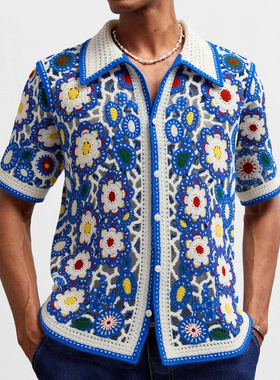 2025夏外贸男士民族风钩花短袖衬衣大码镂空透视衬衫Men's shirts