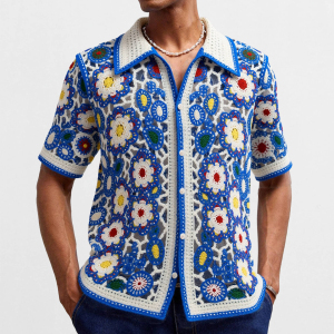 2026夏外贸男士民族风钩花短袖衬衣大码镂空透视衬衫Men's shirts