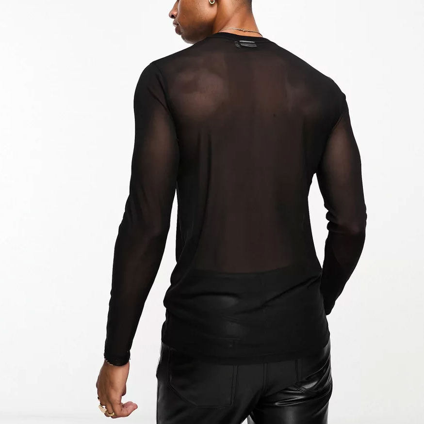 欧美夜店风性感透视黑色长袖T恤男网纱打底衫演出服男Men T-shirt