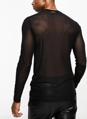 欧美夜店风性感透视黑色长袖T恤男网纱打底衫演出服男Men T-shirt